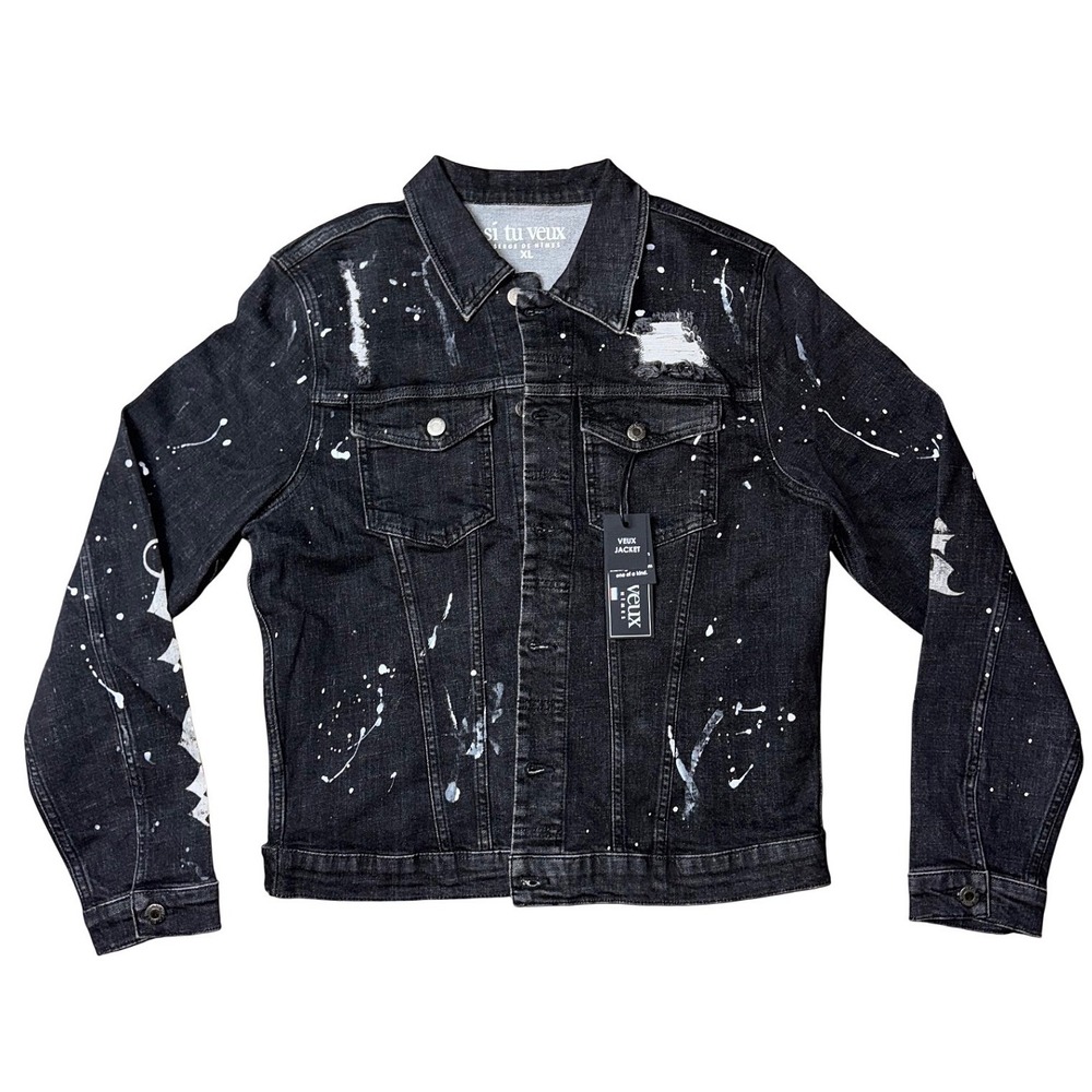 Si Tu Veux Mens Black Paint Splatter‎ Distressed Denim Trucker Jacket XL NEW